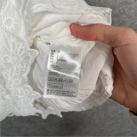 H&M Dress Size UK 6 Womens White Embroidered V Neck Ruffle Cross Front Lined - Picture 7 of 13